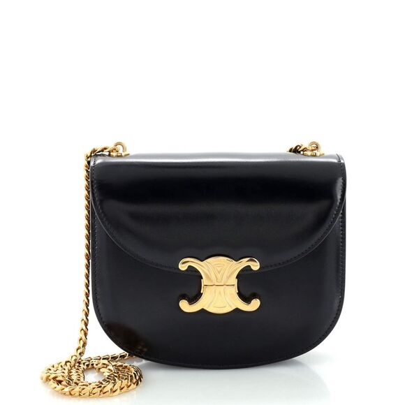 Celine Handbags - Celine Triomphe Besace Clea Chain Flap Bag Leather Black